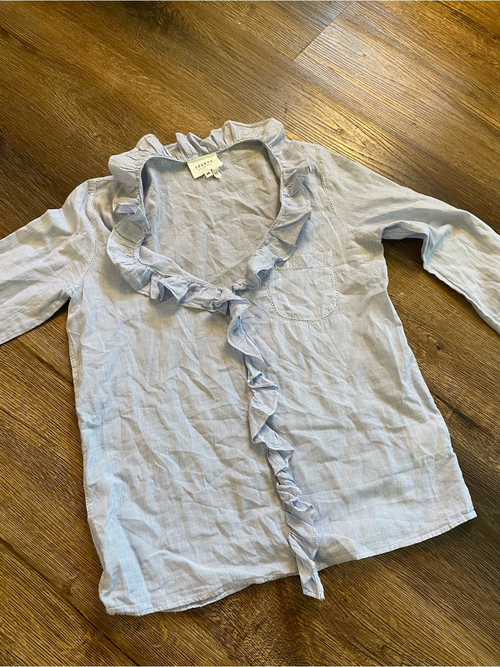 Sezane Light Blue Ruffle Front Blouse size 36